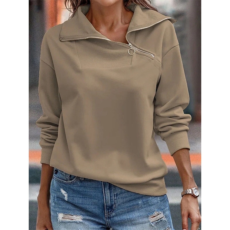 Women's Sweatshirt Casual Plain Street Dailywear V Neck Zipper Long Sleeve Green Khaki Gray Fall Winter