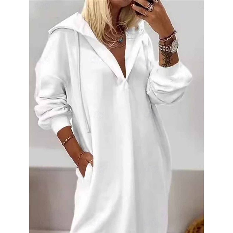 Women's White Dress Maxi Dress Pocket Split Casual Hooded Long Sleeve White Color3