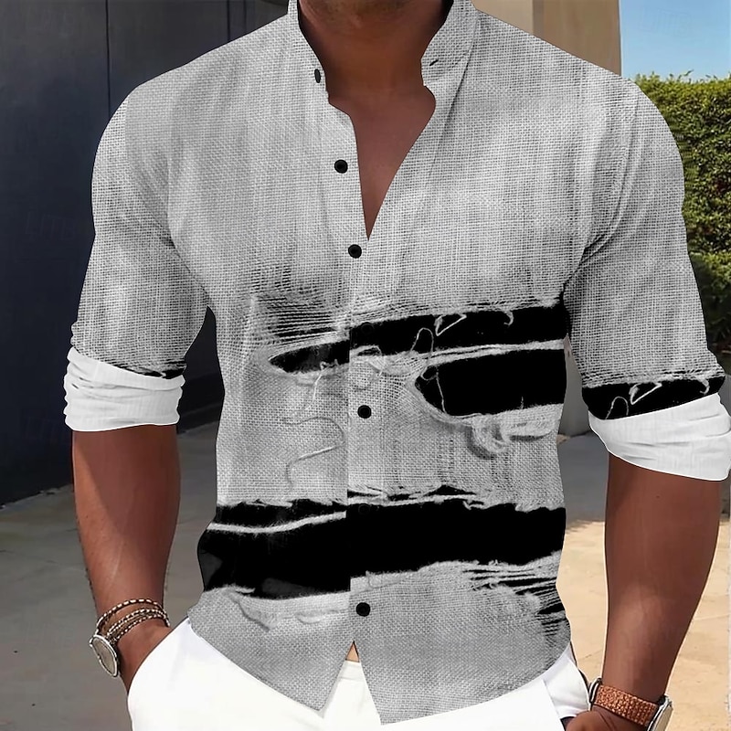Men's 3D Print Dress Shirt Button Up Shirt Long Sleeve Casual Vacation Office Daily Summer Spring &  Fall Grandad Collar Band Collar 3D Print Gray