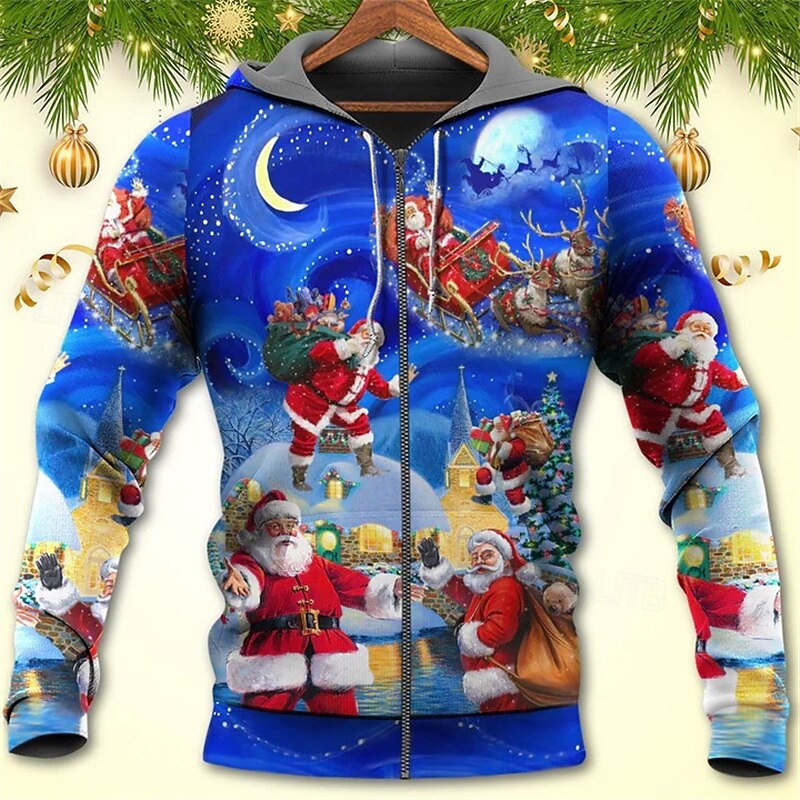 Christmas Men's Santa Claus 3D Hoodies Full Zip Jacket Blue Hooded Santa Claus Graphic Prints Ugly  Zipper Print Sports & Outdoor Daily Sports 3D Print