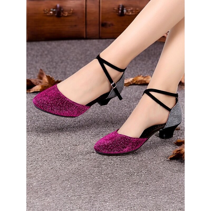Women's Glitter Mary Jane Dance Shoes - Pink and Silver with Cross-Strap Design and Low Heels for Latin, Salsa, and Ballroom Dancing2