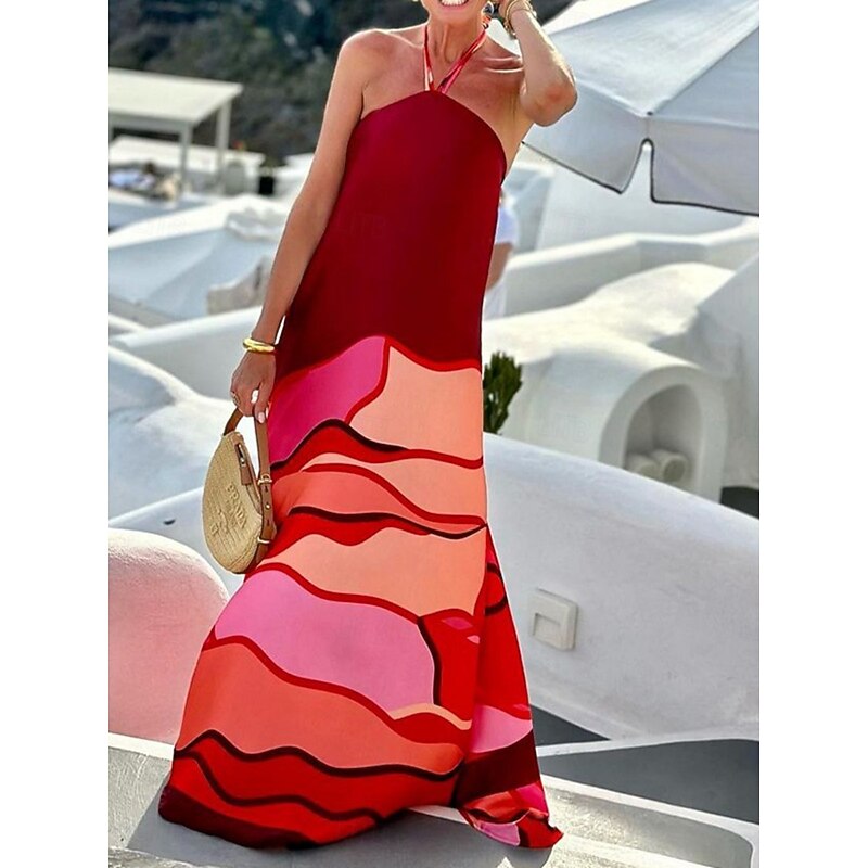 Women's Color Block Halter Neck Maxi Dress Long Sleeve Summer Spring