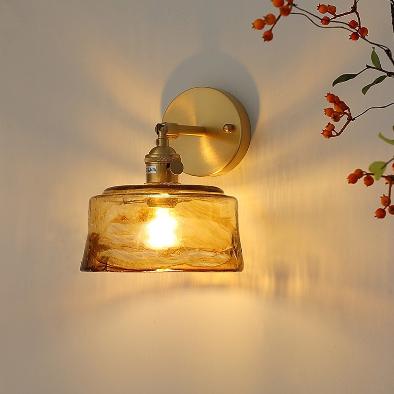 Modern Brass Wall Light Minimalist Sconces with Tea Color Glass Shade Wall Lamps with 90° Up and Down Adjustment 110-240V3