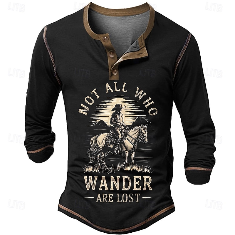 Men's Long Sleeve Henley T-Shirt with 'Not All Who Wander Are Lost' Graphic - Adventure & Exploration Lifestyle Tee