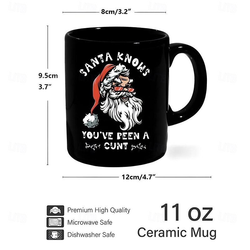 Christmas Gift Mug Black Graphic Funny Coffee Mug 330ml/12oz Santa Knows Ceramics Cup Retro Vintage Design4