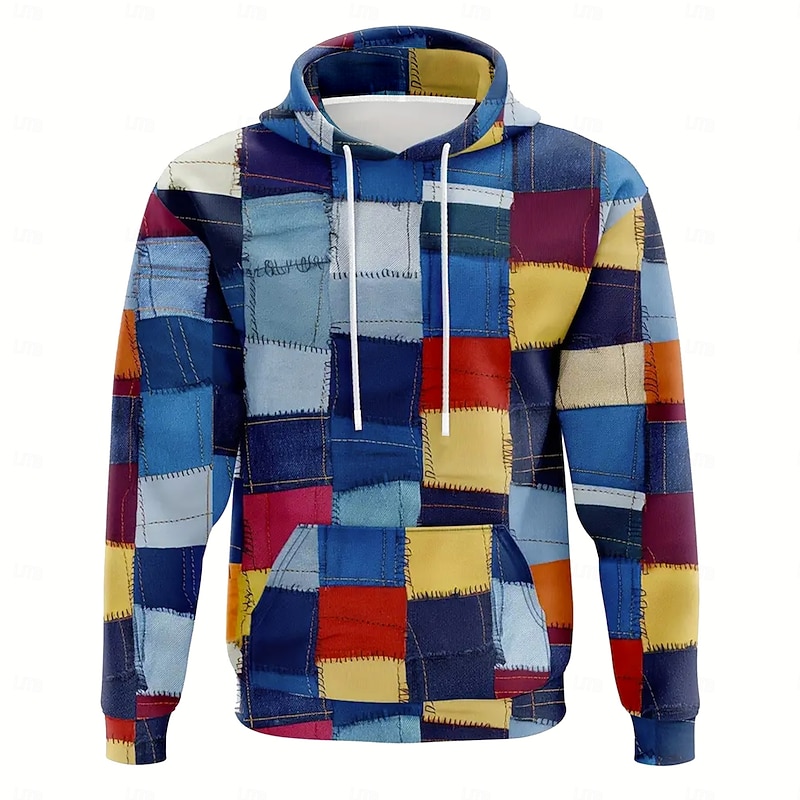 Men's Patchwork Hoodies Sweatshirt Fashion Cool Long Sleeve Crew Neck Holiday Going out Streetwear Blue Drawstring Fall Winter Designer