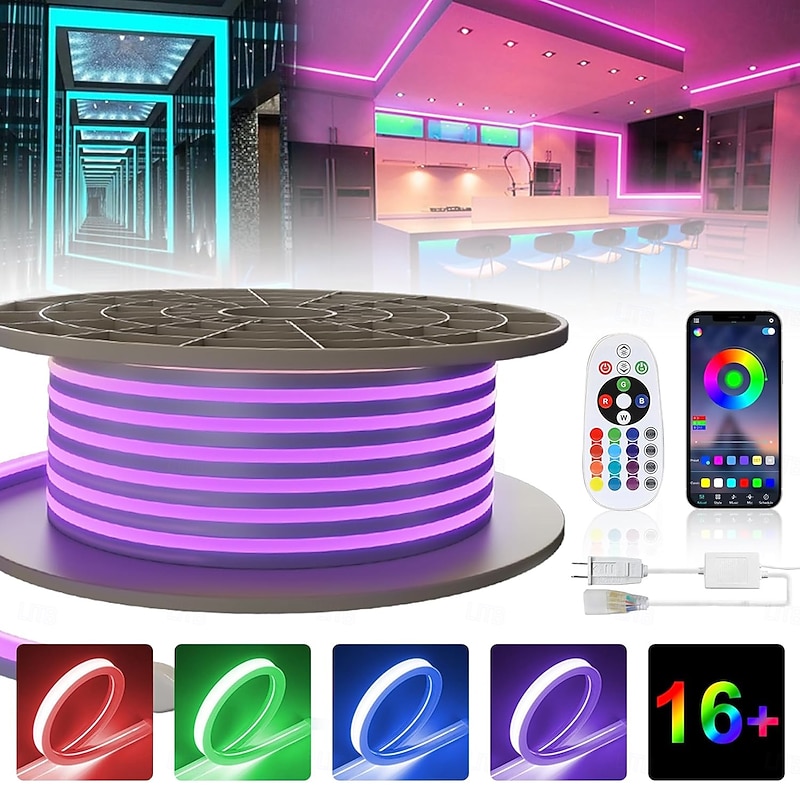 LED Neon RGB Light Strip 3M-30M with Bluetooth & APP Control, Waterproof IP65 Music Sync Multi-Color Flexible Strip for Home, Garden, Building Decor AC220V