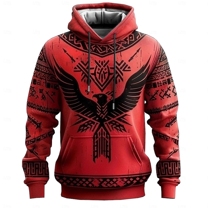 Men's Viking Warrior Viking Hoodies Sweatshirt Fashion Cool Long Sleeve Crew Neck Party Holiday Streetwear Red Drawstring Fall Winter Designer