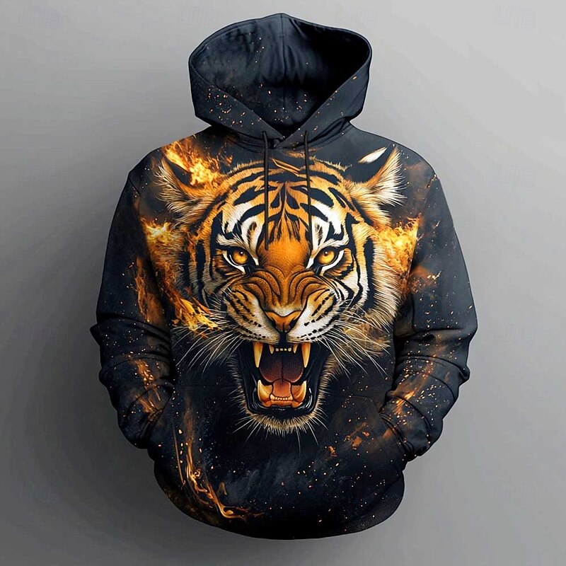 Men's Tiger Hoodies Sweatshirt Fashion Cool Long Sleeve Crew Neck Party Holiday Streetwear Black Drawstring Fall Winter Designer