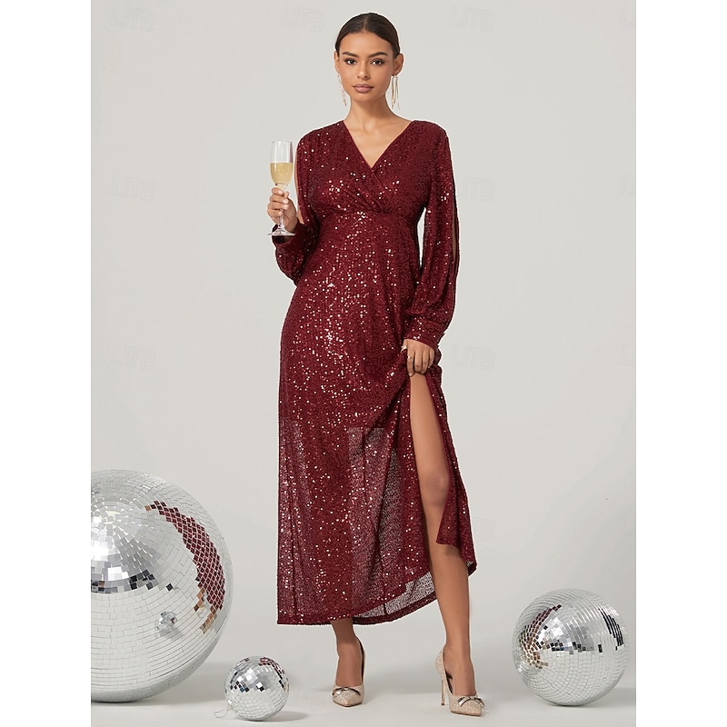 Women's Midi Dress Sequin Dress Vintage Dress Elegant Bishop Sleeve Cocktail Party Regular Fit Long Sleeve V Neck Red Fall Winter