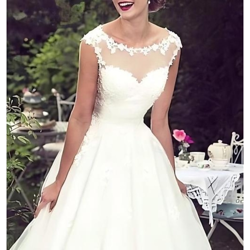 Bridal Shower Vintage 1940s / 1950s Little White Dress Bridal Shower Dresses Wedding Dresses A-Line Illusion Neck Sleeveless Tea Length Lace Bridal Gowns With Appliques3