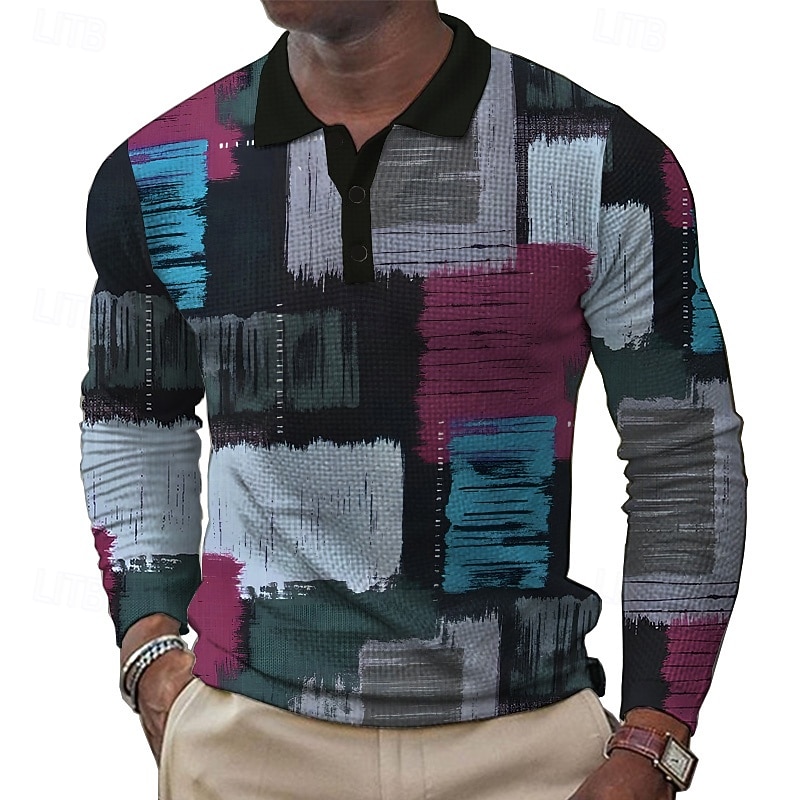 Men's Patchwork Waffle Polo Shirts Golf Shirt Long Sleeve Polo Shirts Collared Shirts Casual Formal Outdoor Dailywear Buttons 3D Print Spring Fall Winter Yellow Blue Purple2