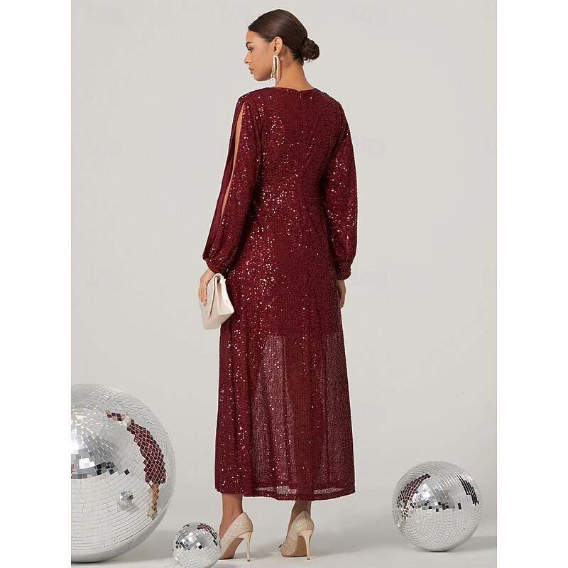 Women's Midi Dress Sequin Dress Vintage Dress Elegant Bishop Sleeve Cocktail Party Regular Fit Long Sleeve V Neck Red Fall Winter2
