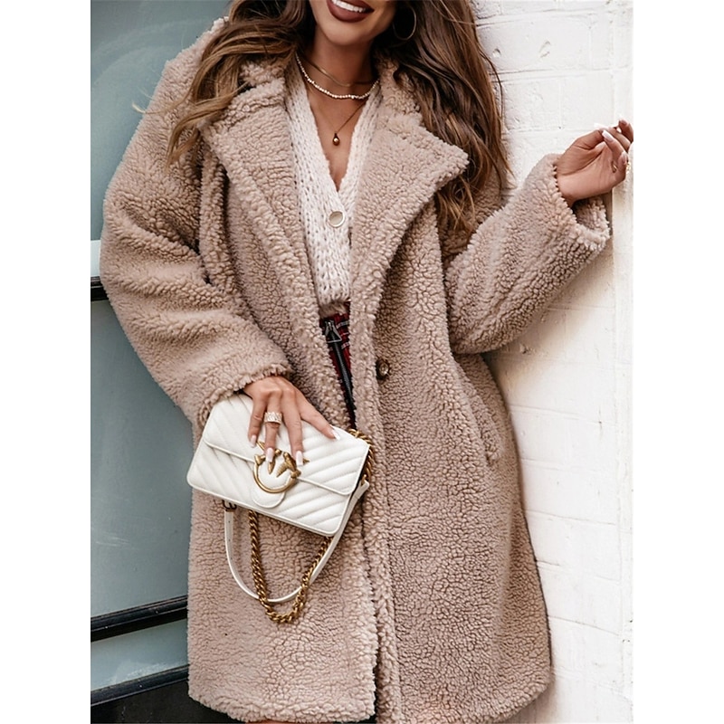 Women's Fleece Jacket Teddy Coat Warm Breathable Pocket Fleece Lined Casual Plain Vacation Street Daily Wear Going out Single Breasted Regular Turndown Regular Fit Long Sleeve Outerwear Khaki Apricot