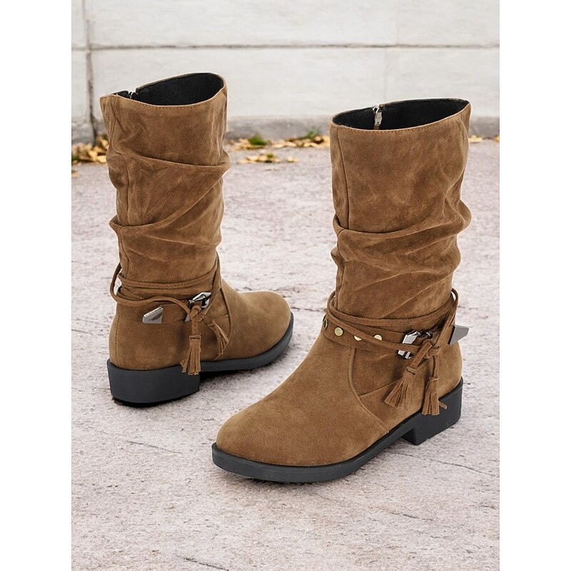 Women's Slouchy Faux Suede Mid-Calf Boots with Studded Strap and Tassel Details – Casual Boho Style for Fall and Winter3