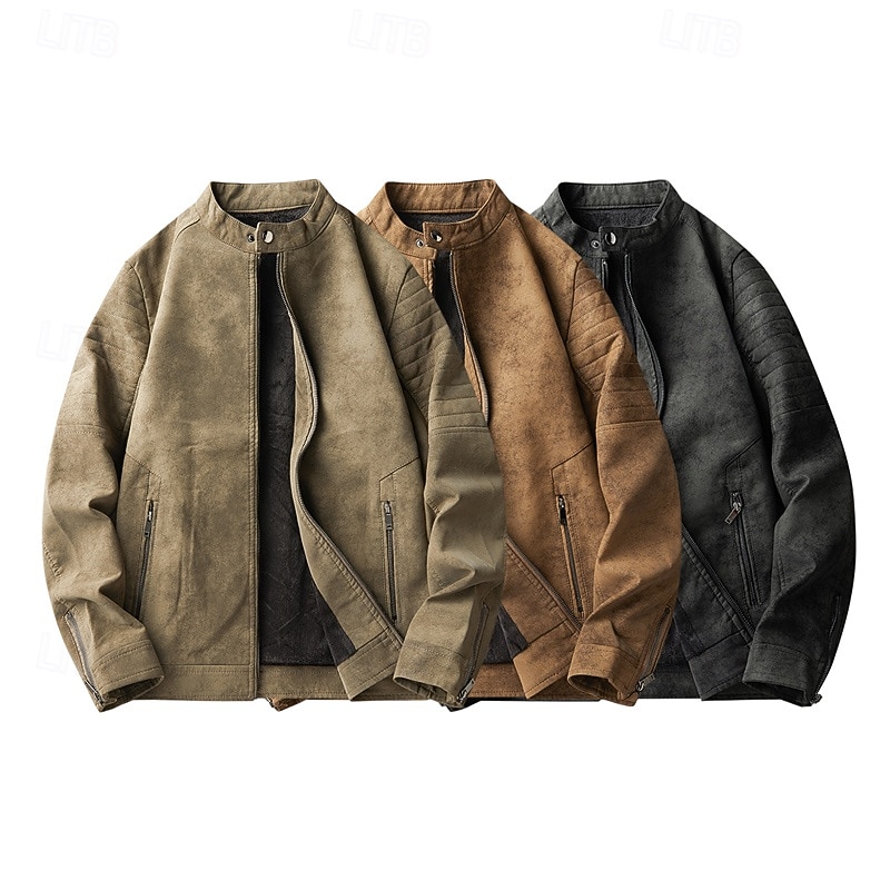 Men's Faux Leather Jacket Fleece Jacket Biker Jacket Vintage Leather Jacket Daily Vacation Windproof Warm Pocket Fall & Winter Plain Fashion Classic Stand Collar Regular Black Brown Green Jacket