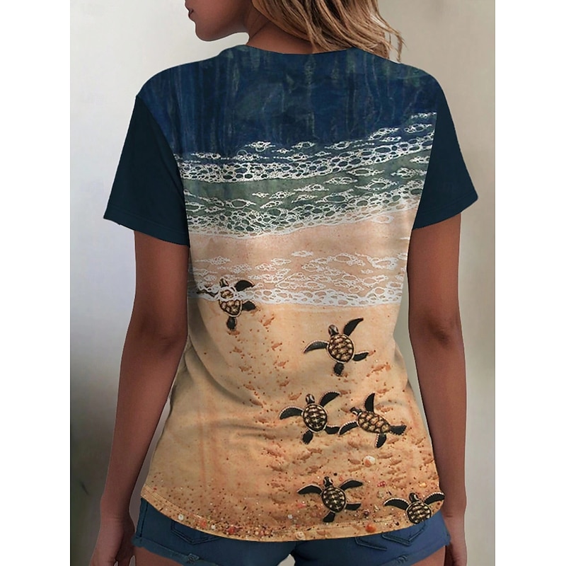 Women's T Shirt Ocean Casual Short Sleeve Round Neck Regular Tops Daily Print Blue Summer Spring2
