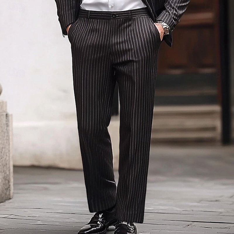 Men's Stripe Geometric Pattern Dress Pants Mid Waist Business Casual Formal Wedding Dailywear Zipper Pocket Straight Leg Trousers Summer Spring Fall 3D Print Black