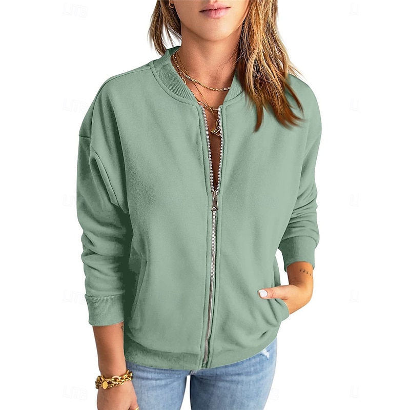 Women's Bomber Jacket Outdoor Street Daily Wear Fall Winter Short Coat Regular Fit Thermal Warm Breathable Stylish Casual Jacket Long Sleeve Plain with Pockets Full Zip Blue Green Apricot