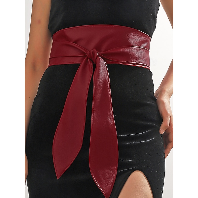 Women's Wide Red Faux Leather Obi Belt – Elegant Waist Cincher with Tie Knot Design for Dresses and Outerwear