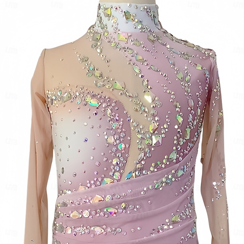 Figure Skating Dress Women's Girls' Ice Skating Dress Dusty Rose Thumbhole Halo Dyeing Mesh Spandex Stretchy Training Practice Professional Skating Wear Thermal Warm Classic Crystal / Rhinestone Long3