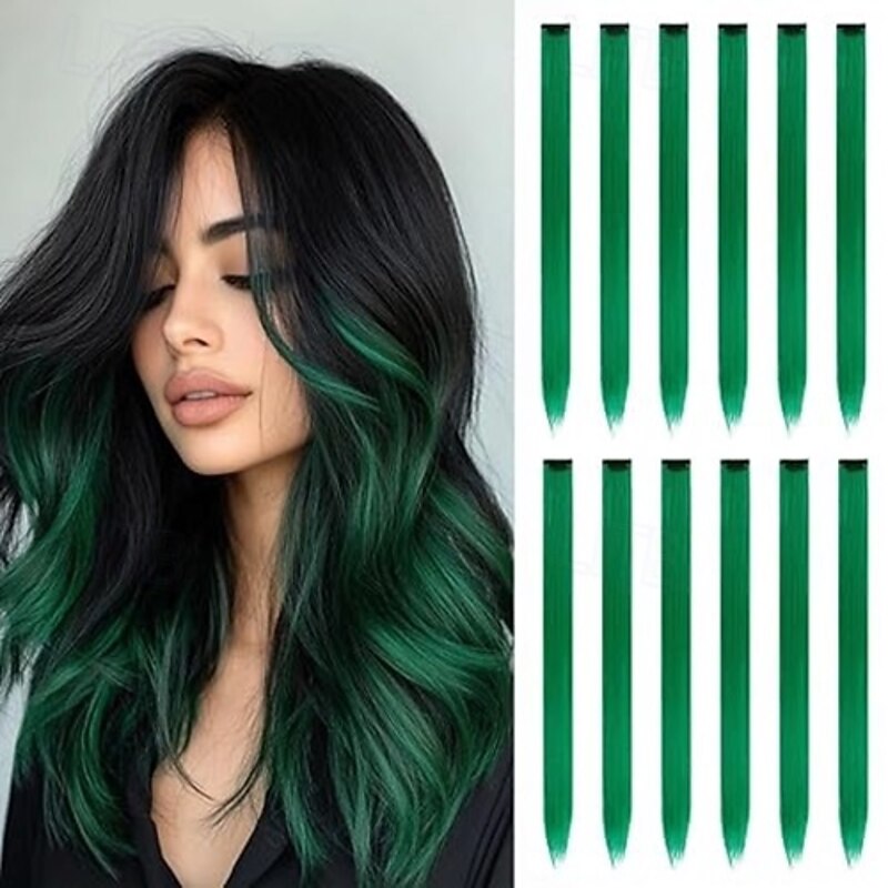 12Pcs Colored Hair Extensions - 22 Inch Straight Clip In Synthetic Hairpieces Ideal for Women, Kids, and Girls, for Halloween, Christmas and Cosplay