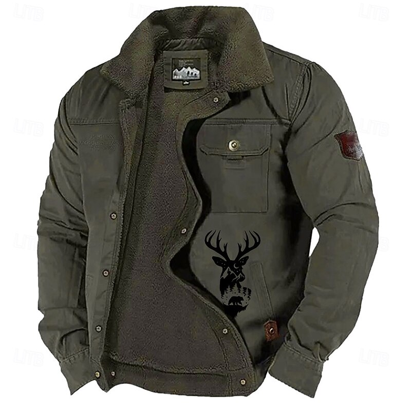 Men's Reindeer Print Embroidered Fleece Jacket Sherpa Hunting Jacket Work Cargo Jacket Turn-Down Collar Warm Winter Cotton Jacket Vintage Casual Going Out Coat Multi-Pockets4