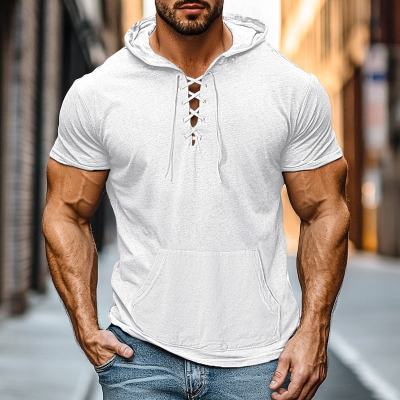 Men's Shirt Henley Shirt Hoodie Sweatshirt Short Sleeve Shirt Short Sleeve Hooded Summer Spring Solid Color Daily Casual Street Style Drawstring Outdoor Street Sport Black White Light Grey Top Tee