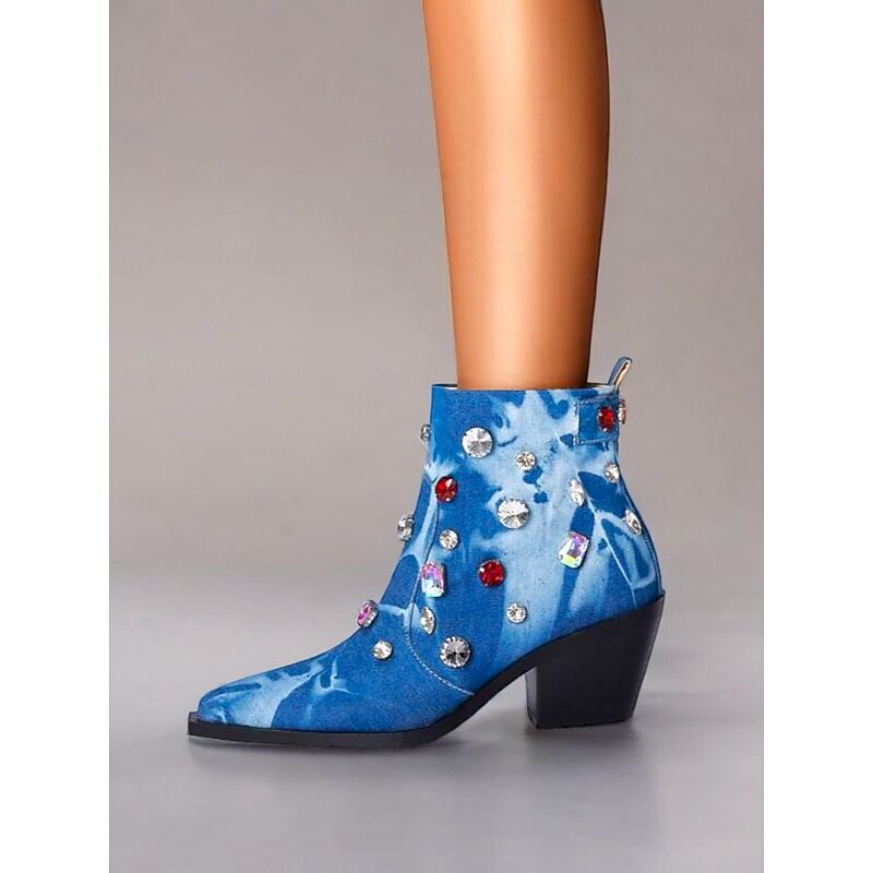Women's Fashion Denim Ankle Boots – Rhinestone-Embellished Block Heel Western Style for Parties and Casual Outfits2