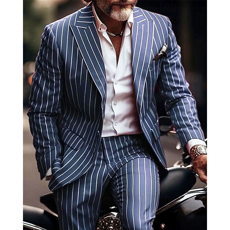 Men's Blazer Suits Business Cocktail Party Wedding Party Fashion Casual Spring &  Fall Polyester Stripes Pocket 2 Piece Comfortable Single Breasted Blazer Red Blue Green2
