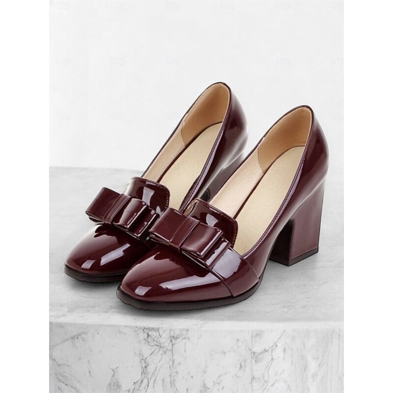 Women's Patent Leather Chunky Heel Pumps with Bow Accent – Elegant and Versatile Office Shoes