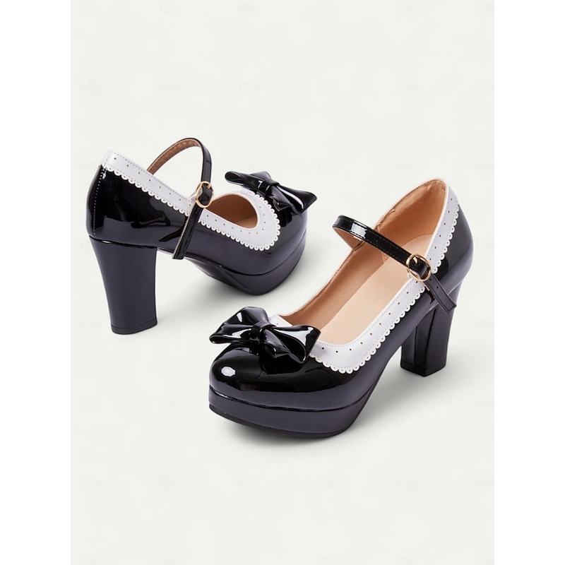 Women's Black and White Mary Jane Heels with Bow Detail - Vintage Platform Pumps with Ankle Strap for Cosplay and Retro Outfits