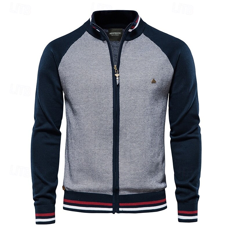 Men's Cardigan Sweater Cardigan Ribbed Knit Regular Tops Zipper Color Block Standing Collar Knitwear Neutral Outdoor Clothing Apparel Spring &  Fall Black Navy Blue S M L