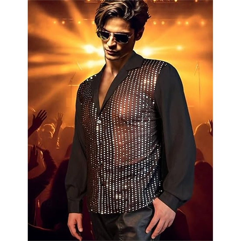 1970s 1980s Shiny Metallic Shirt Hippie Disco Sequins Fancy Dress Men's Carnival Costume Halloween Carnival New Year Party Club Pride Parade Adults' Shirt2
