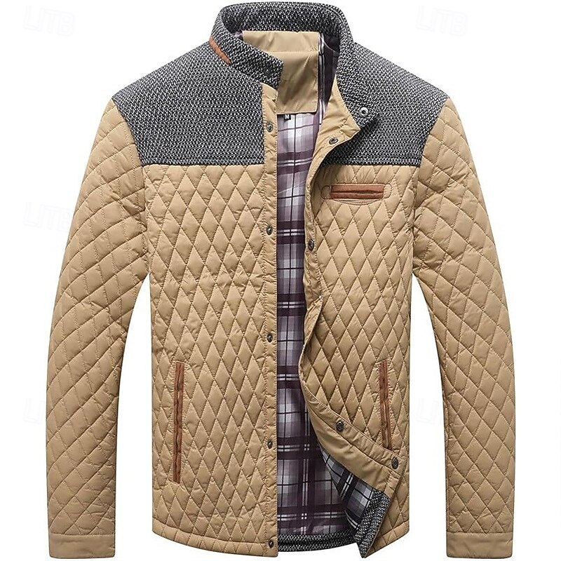 Men's Puffer Jacket Casual Jacket Daily Vacation Warm Pocket Fall & Winter Color Block Fashion Classic Stand Collar Regular Black Wine Navy Blue Brown Khaki Jacket