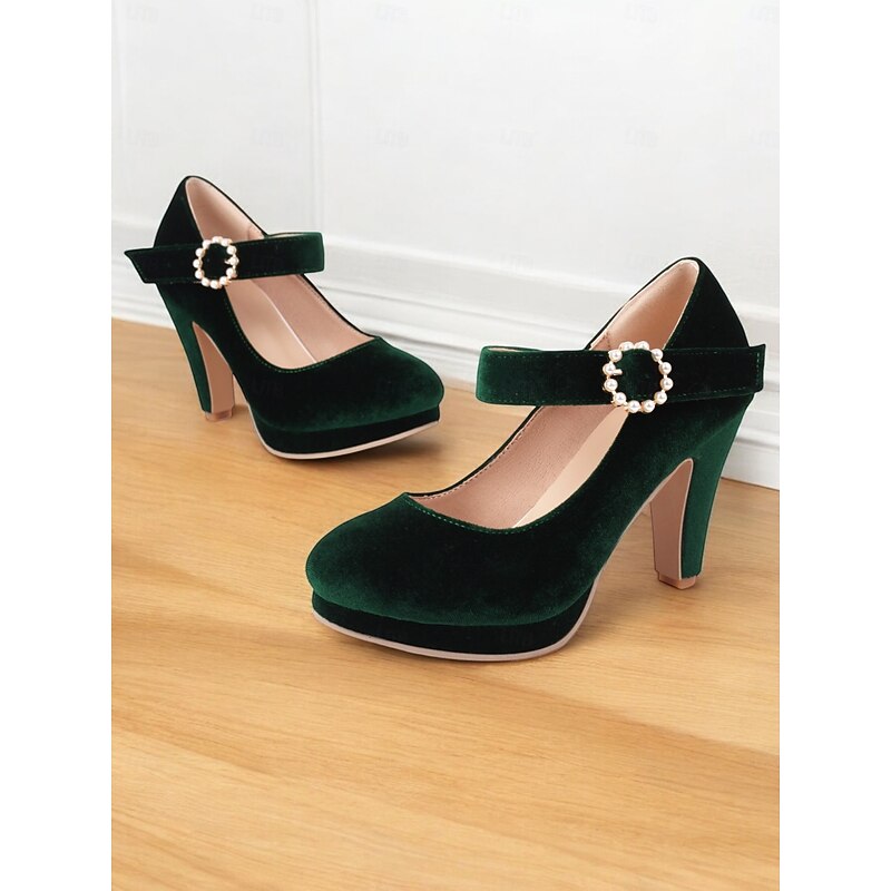 Women's Green Velvet Mary Jane Pumps with Pearl-Embellished Buckle - Vintage High Heels for Parties and Special Occasions2
