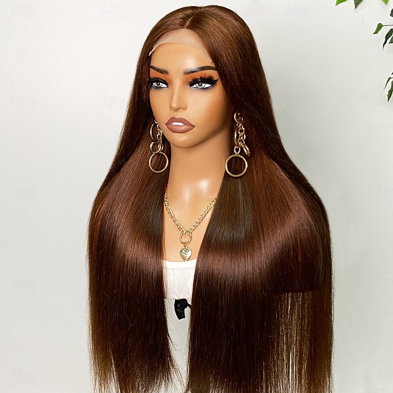 4# Brown Human Hair 4*4 Double Drawn Front Lace Human Hair Straight Hair Lace Wig 180% Density4