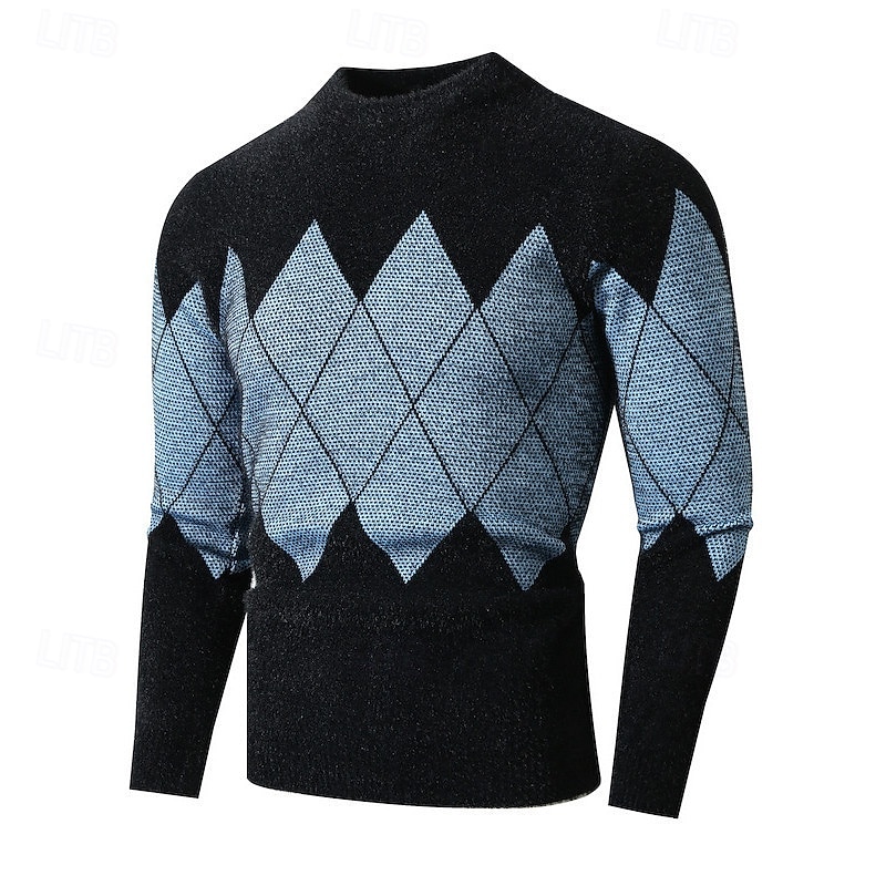 Men's Pullover Sweater Jumper Knit Sweater Ribbed Knit Regular Knitted Plaid / Striped / Chevron / Round Crew Neck Fashion Basic Daily Wear Date Clothing Apparel Fall & Winter Wine Blue S M L