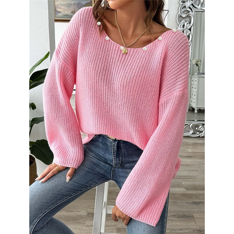 Women's Sweater Casual Soft Pure Color Ribbed Boat Neck Beaded Knitted Long Sleeve Regular Tops Knit Outdoor Daily Weekend Black White Fall Winter3