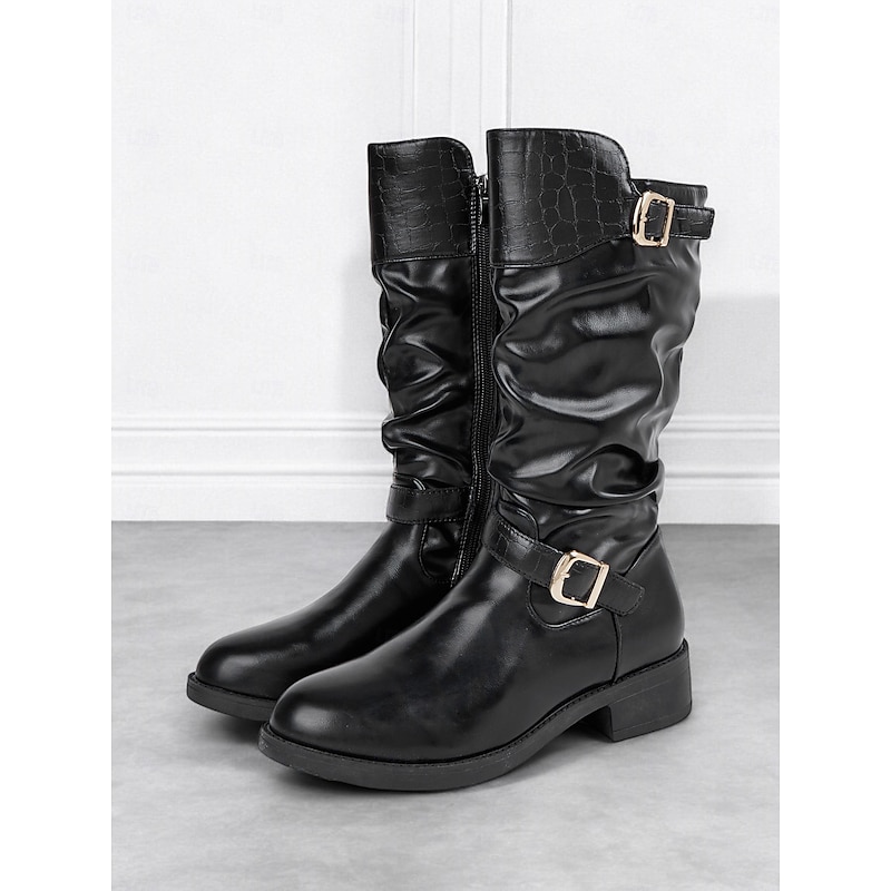Women's Black Mid-Calf Slouchy Boots with Croc-Embossed Detail and Gold Buckle Accents – Casual and Stylish Design