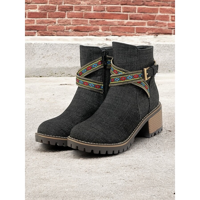 Women's Denim Ankle Boots – Boho Style with Embroidered Straps and Chunky Heel, Perfect for Casual and Festival Looks