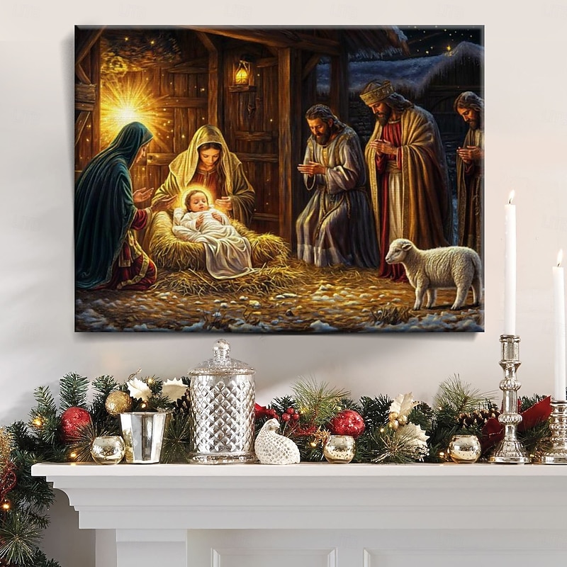 Christmas Nativity Scene LED Canvas Wall Art LED Lighted Up Wall Decor 2AA Battery Operated Lighted Canvas Print LED Light Kitchen Bedroom or Home Decor