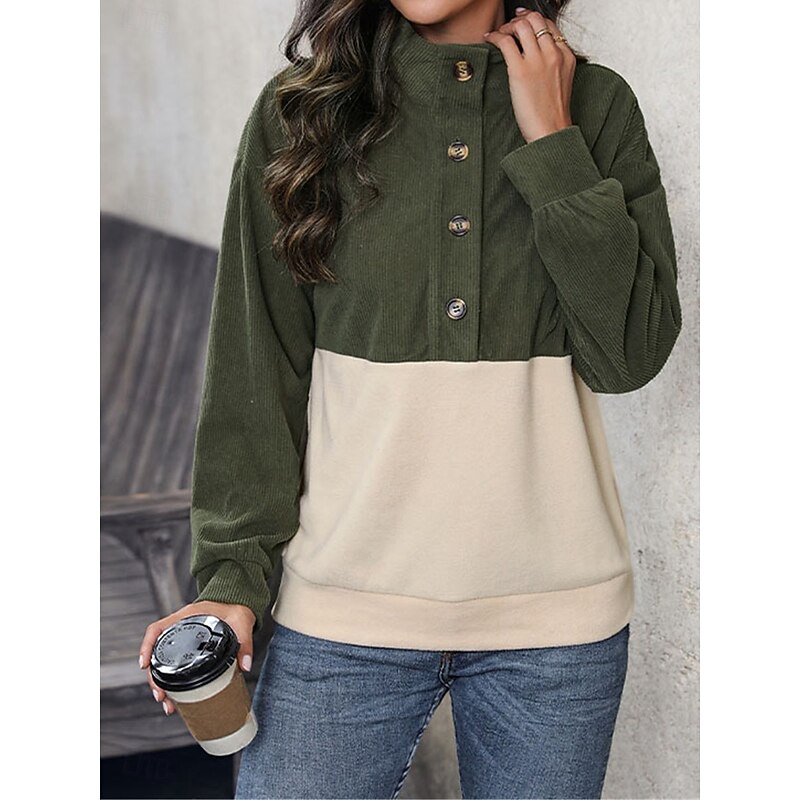 Women's Sweatshirt Casual Plain Street Dailywear V Neck Patchwork Buttons Long Sleeve Army Green Fall Winter