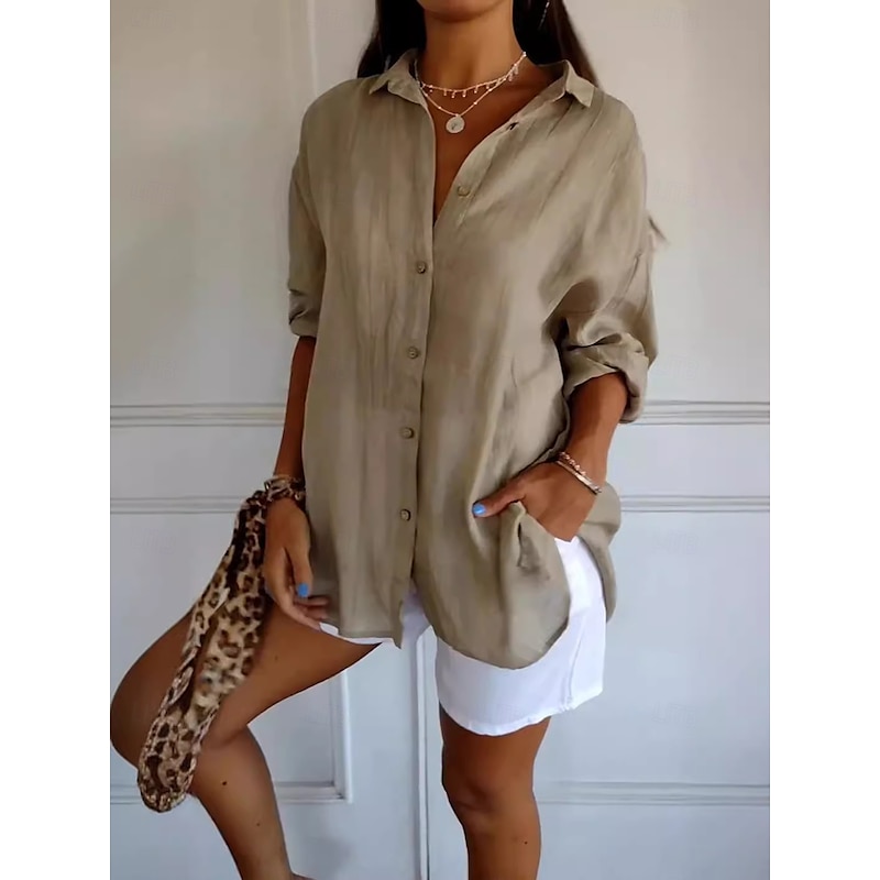 Women's Shirt Button Up Blouse Solid Color Basic Casual Long Sleeve Bishop Sleeve Shirt Collar Regular Tops Vacation Daily Patchwork Buttons Pink Blue Khaki Fall Winter3