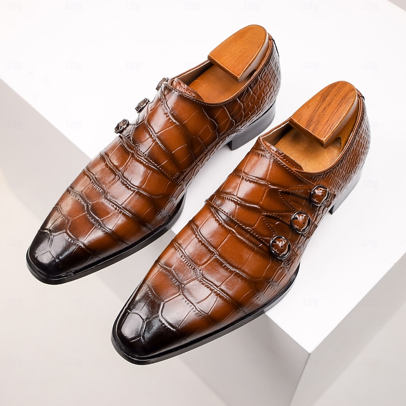 Men's Brown Cowhide Leather Dress Shoes - Crocodile Pattern with Triple Buckle Straps and Pointed Toe Design2