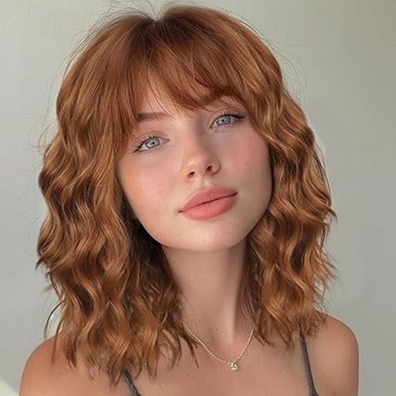 Wigs for Women Short Wavy Curly Bob Wig with Bangs Shoulder Length Synthetic Hair for Daily Party Use