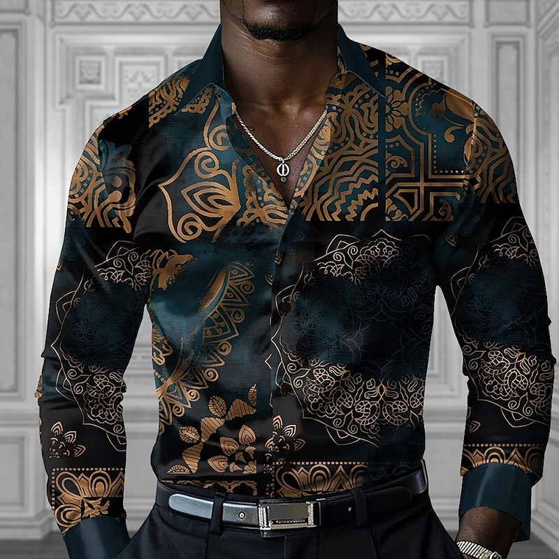 Men's Floral Button Up Shirt Designer Shirt Long Sleeve Fashion Casual Vacation Party / Evening Spring Fall Turndown Button Up Dark Green