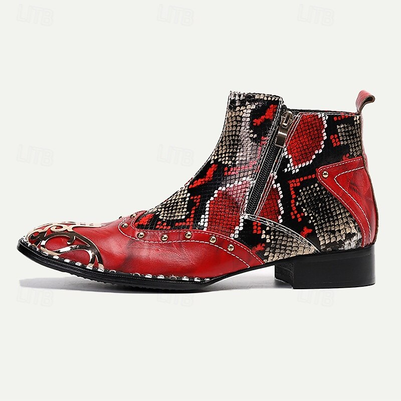 Men's Red & Black Snakeskin Leather Ankle Boots with Metallic Toe Cap and Side Zipper – Premium Cowhide Statement Footwear with Stud Accents4
