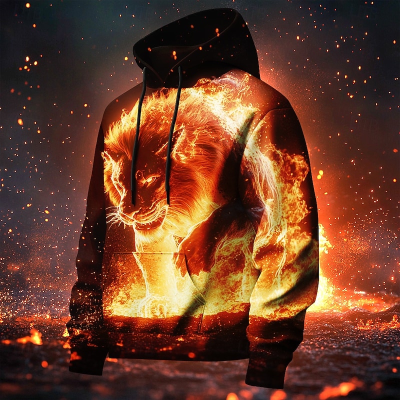 Men's Lion Flame Hoodies Sweatshirt Fashion Cool Long Sleeve Crew Neck Party Holiday Streetwear Red Drawstring Fall Winter Designer