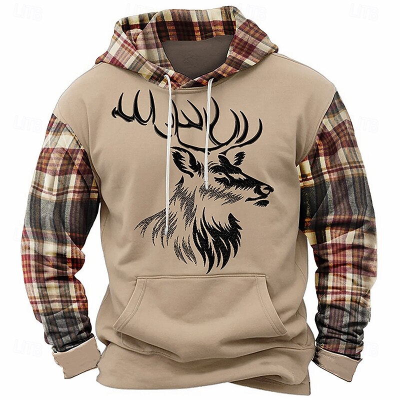 Men's Deer Hoodies Sweatshirt Fashion Cool Long Sleeve Crew Neck Holiday Going out Streetwear Light Brown Black Drawstring Fall Winter Designer4